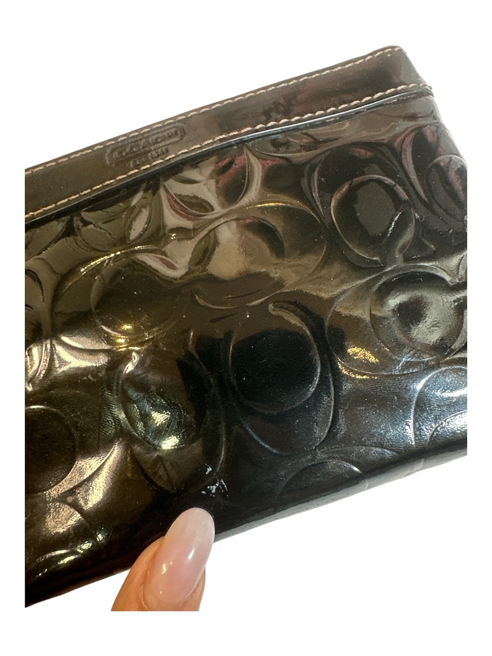 COACH Signature Stitch Black Embossed Patent Leather Wristlet - Picture 12 of 13